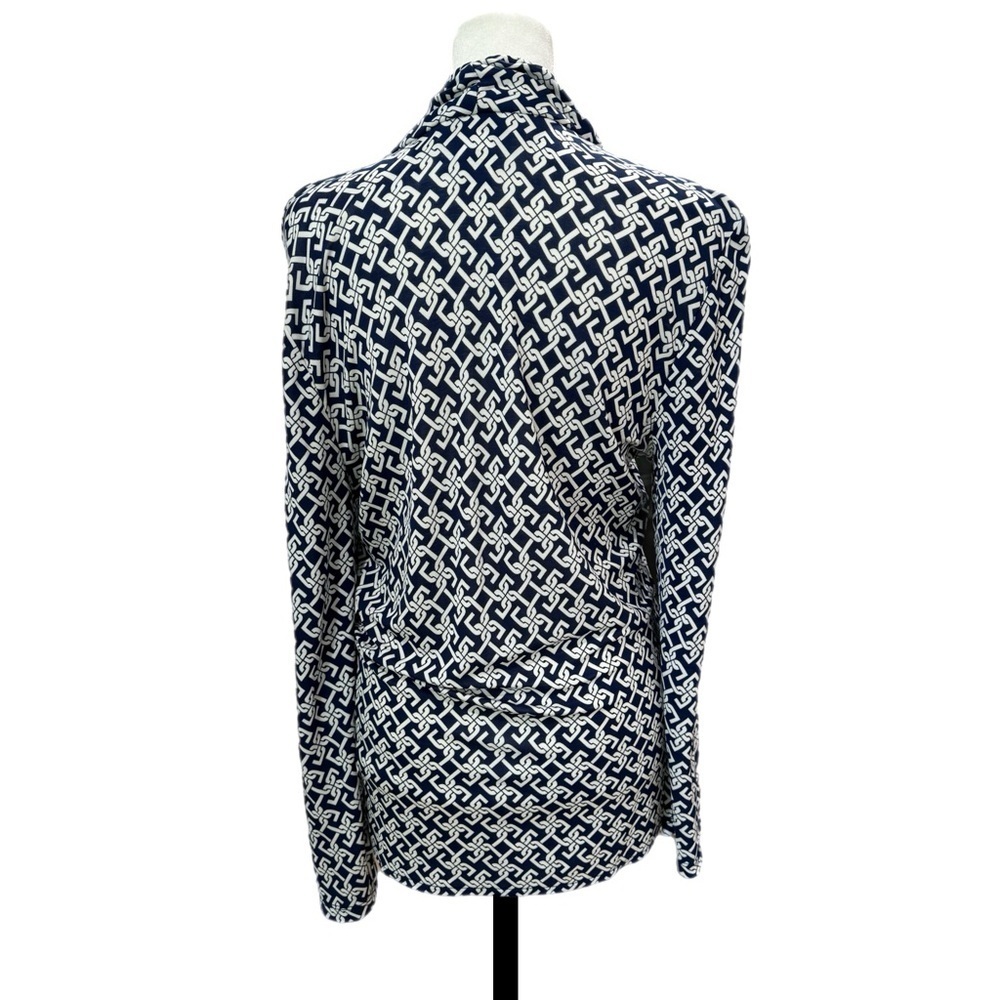 TALBOTS Coastal Navy White Wrap Blouse 3/4 Sleeve V Neck Top Sz S 6 Stretchy - Picture 4 of 11